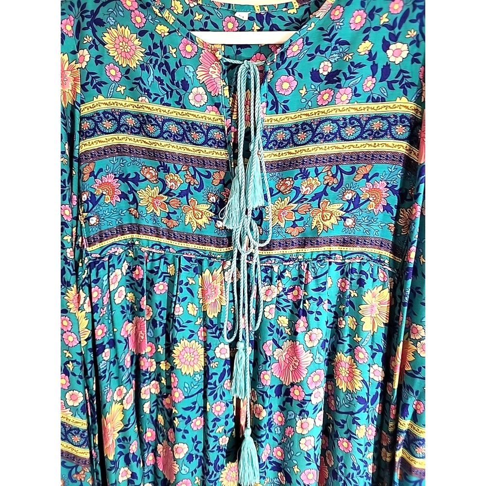 Prairie Boho Tassel Tied Midi Dress Women's M Blue-Green Floral Balloon Sleeve - Picture 8 of 10